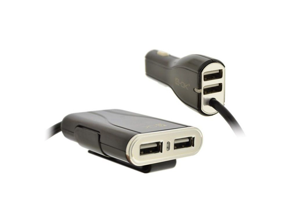 4-OK Autonabíjačka 4× USB-A s rozbočovačom pre zadné sedadlá, Čierna