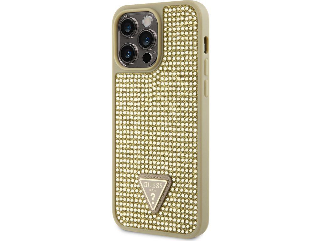 Rhinestones Triangle Metal Logo kryt pre Apple iPhone 15 Pro Max, Guess, Zlatý – detail 1
