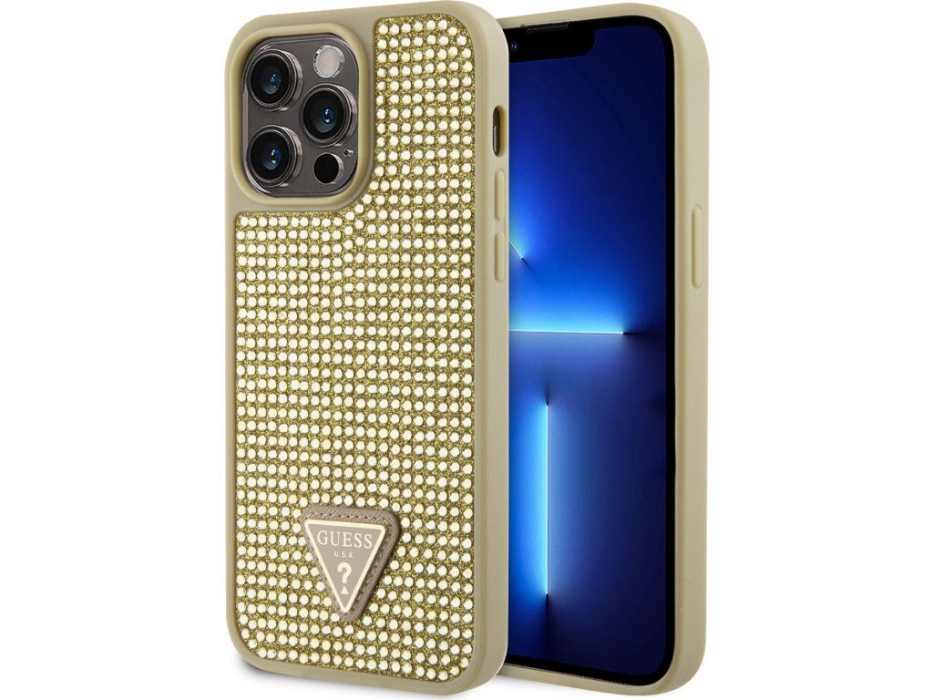 Rhinestones Triangle Metal Logo kryt pre Apple iPhone 15 Pro Max, Guess, Zlatý