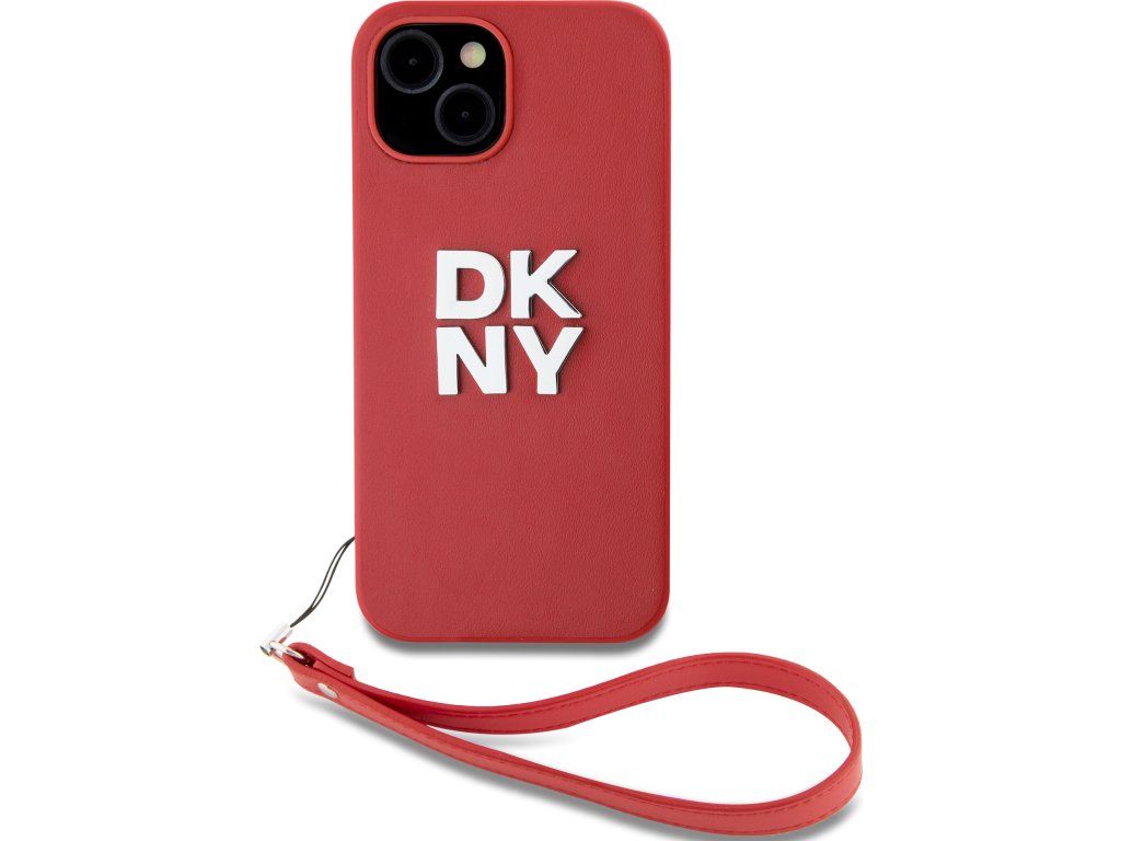 DKNY PU Leather Stack Logo Wrist Strap Zadný Kryt pre iPhone 14 Red