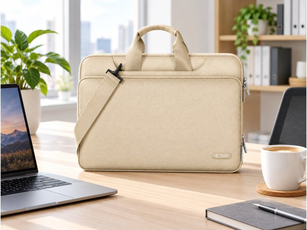 Taška Tech-Protect Pocket Bag na pracovnom stole s notebookom