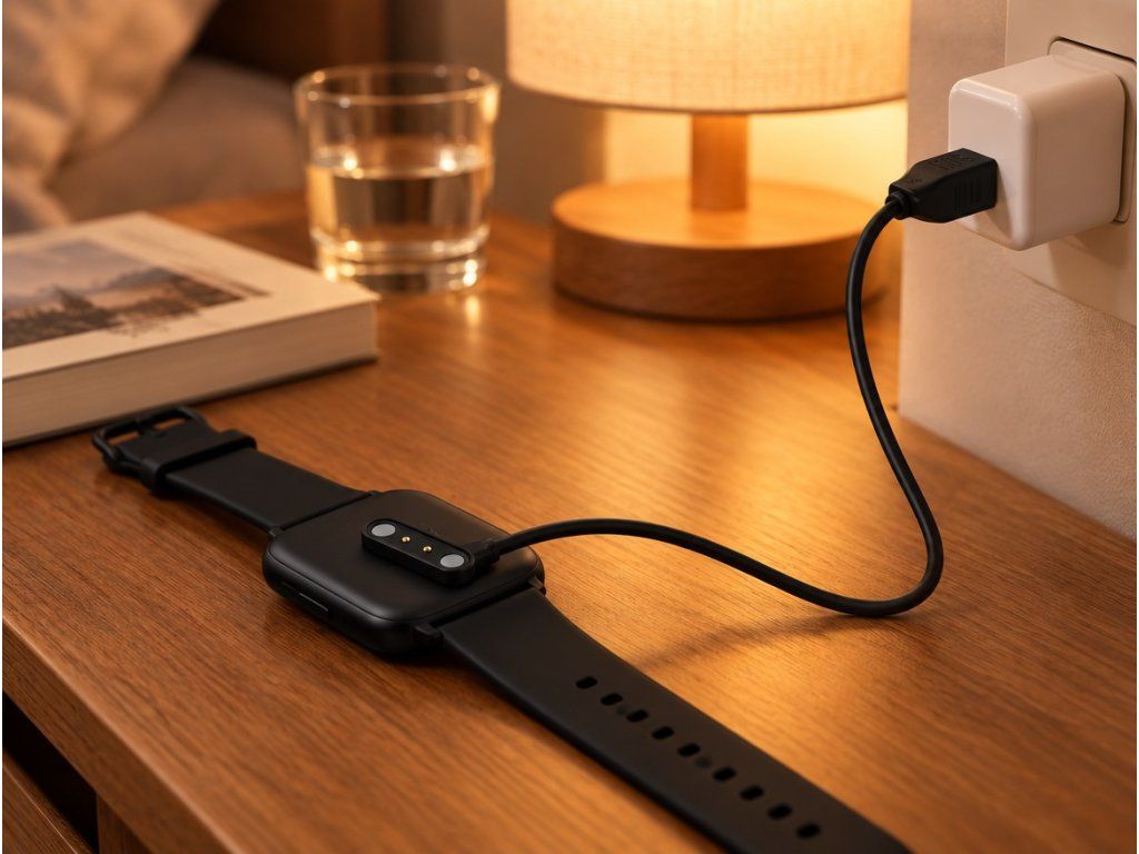 Magnetický nabíjací kábel Aligator nabíja smart hodinky na nočnom stolíku