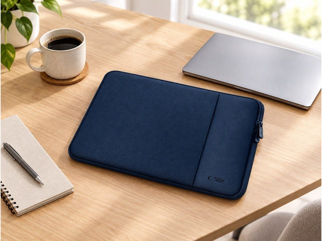 Neoprénové puzdro Tech-Protect tmavomodré na pracovnom stole