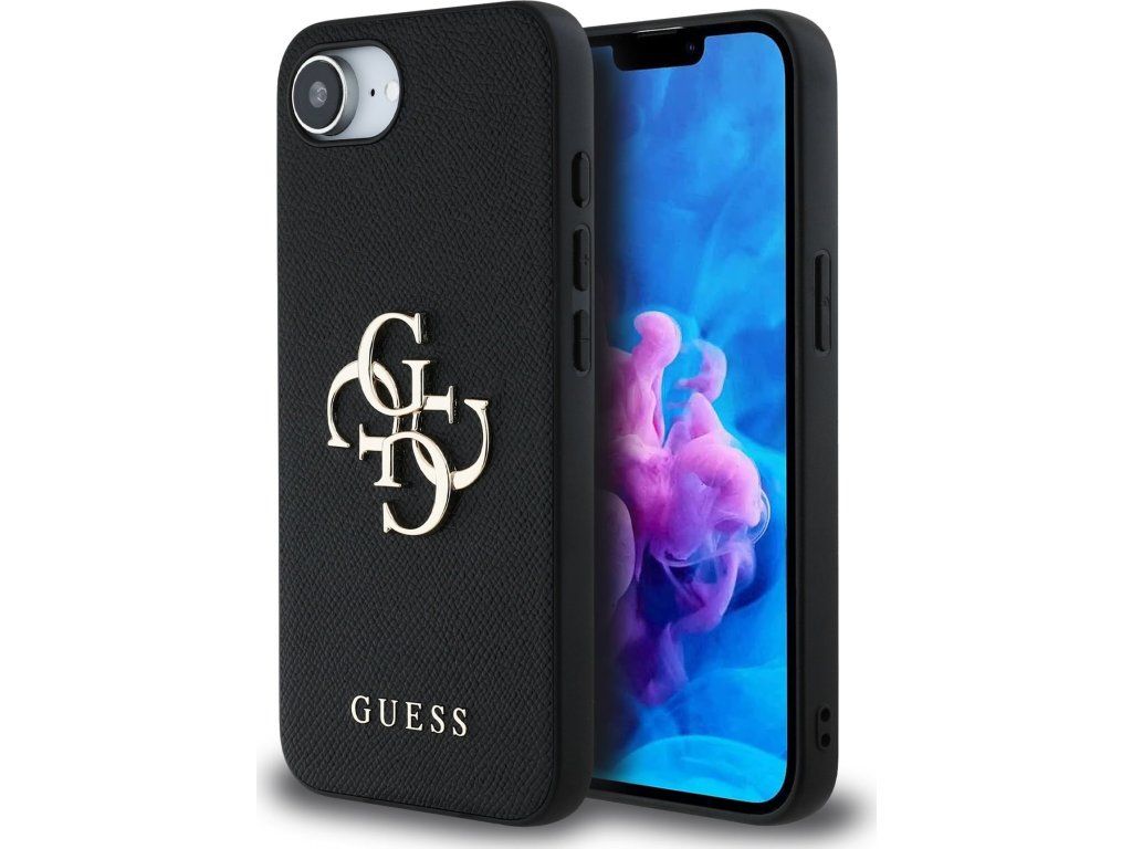 Guess PU Grained 4G Metal Logo Zadný Kryt pre iPhone 16e/17e, Čierny