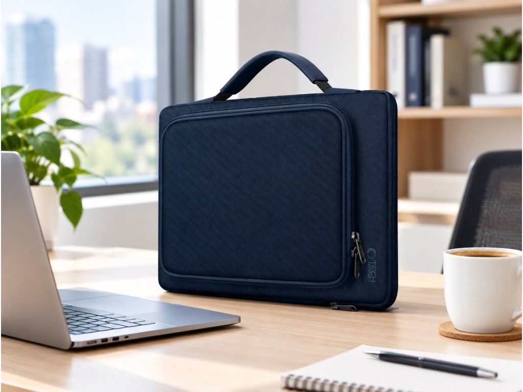 Taška Tech-Protect Basic Bag na pracovnom stole s notebookom