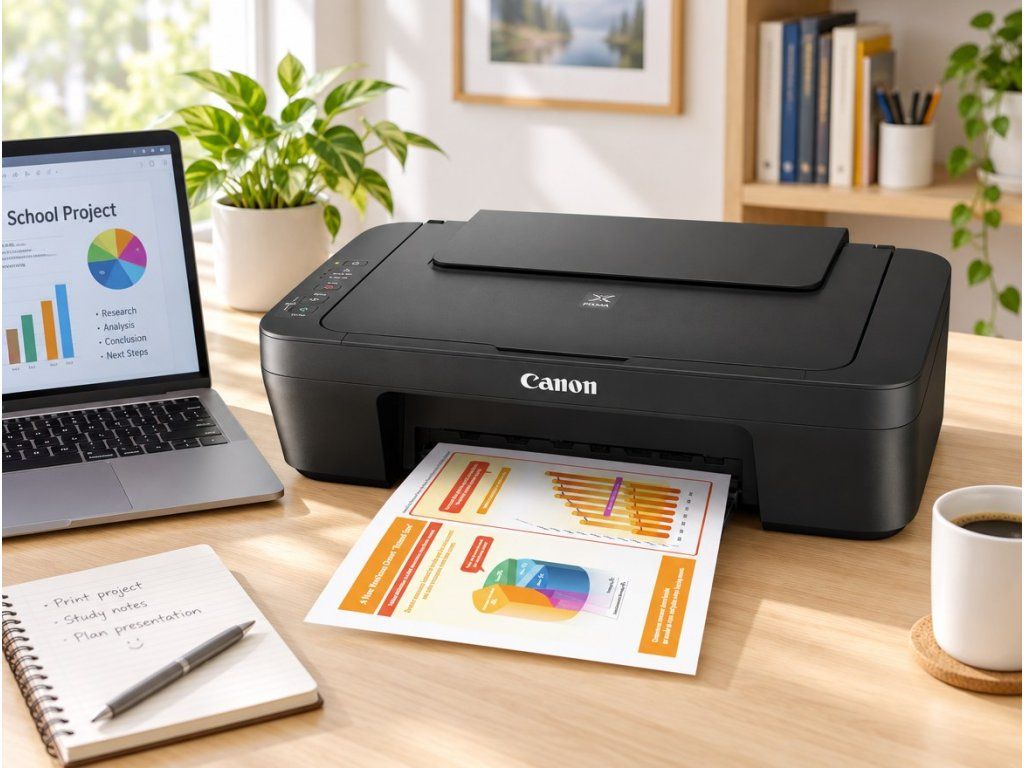 Tlačiareň Canon PIXMA MG2551S v domácej pracovni vedľa notebooku