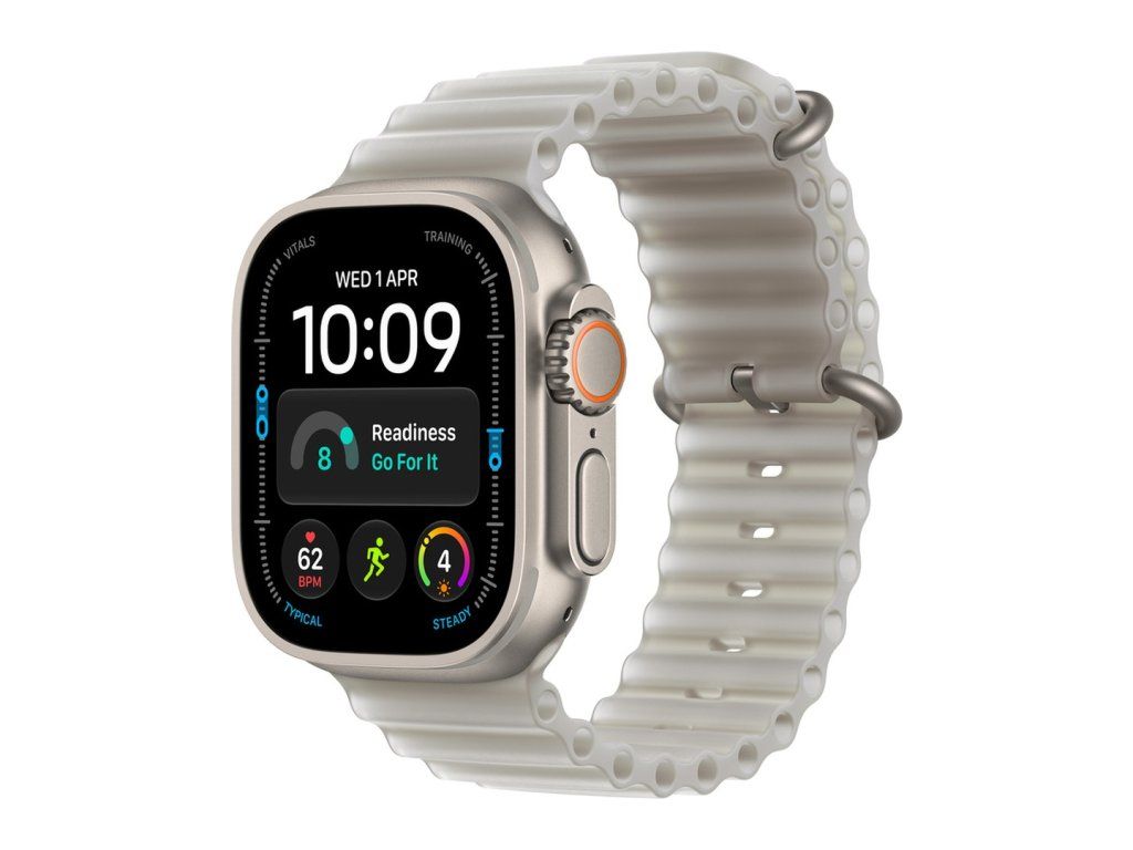 Apple Watch Ultra 4 49 mm prírodný titán, priesvitný sivý oceánsky remienok