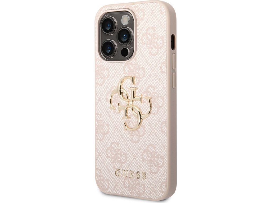 Guess PU 4G Metal Logo Zadný Kryt pre iPhone 14 Pro, Ružový
