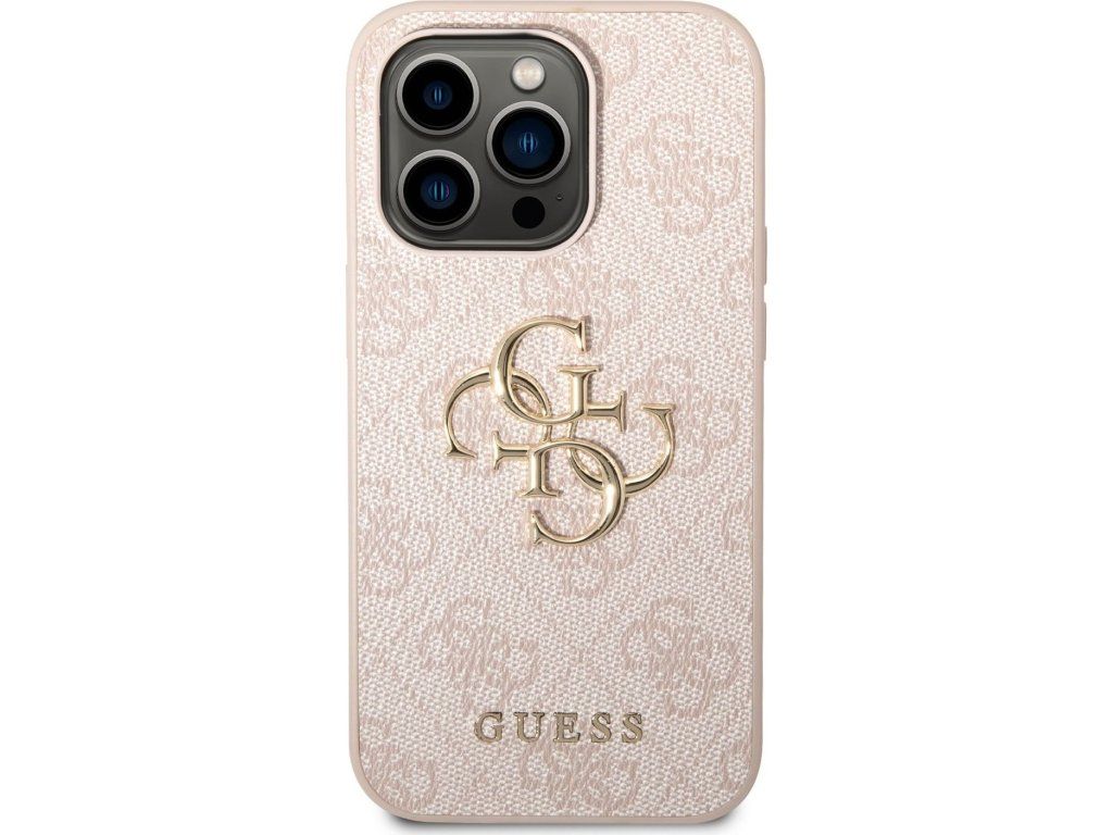 Guess PU 4G Metal Logo Zadný Kryt pre iPhone 14 Pro, Ružový – detail 1